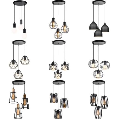 Modern Pendant Light LED 3 Heads Metal Cage Ceiling Hanging Lamp Chandelier Black Loft Living Room Kitchen Lighting Fixture E27
