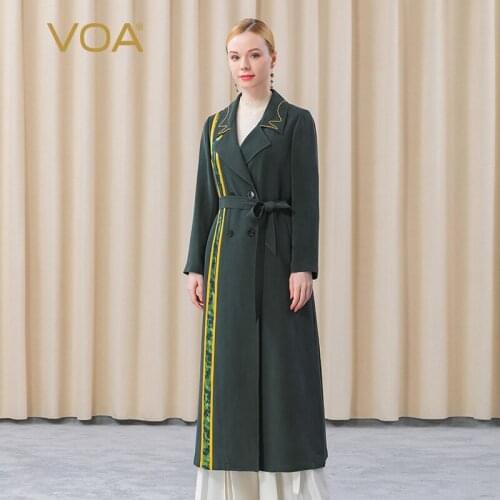 VOA Silk 30m/m Lapel Yellow Thread Arch Needle Embroidery Asymmetric Contrast Splicing Double Row Button Long Windbreaker FE103