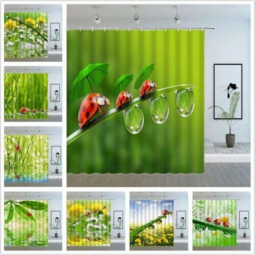 Funny Ladybug Shower Curtains Spring Floral Plant Scenery Water Drop Sunlight Flower Bathroom Decor Cloth Hanging Curtain Sets