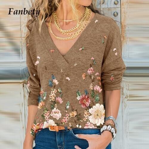 Women Fashion Elegant Deep V-Neck Blouse Shirt Autumn Winter Retro Floral Print Long Sleeve Top Pullover Ladies Streetwear Blusa