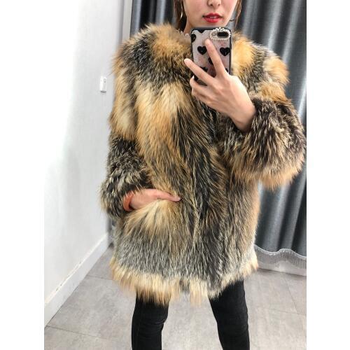 Women simple real fox fur knitted jacket female winter medium long fur coat o-neck thin outerwear