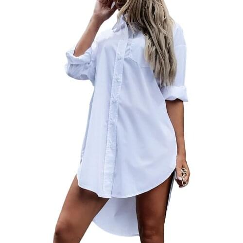 Women Shirt Turn-down Collar Single-breasted Loose Irregular Hem Lady Shirt for Dating blouses and shirts Casual Women Clothing