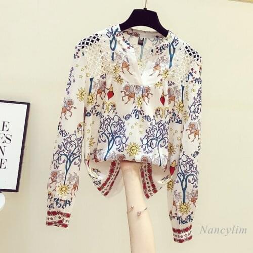 Off Shoulder Shirt Women Fashion Printed Hollow Lace Patch Blouse Lady All-Matching Loose Chiffon Top 2021 Spring Summer