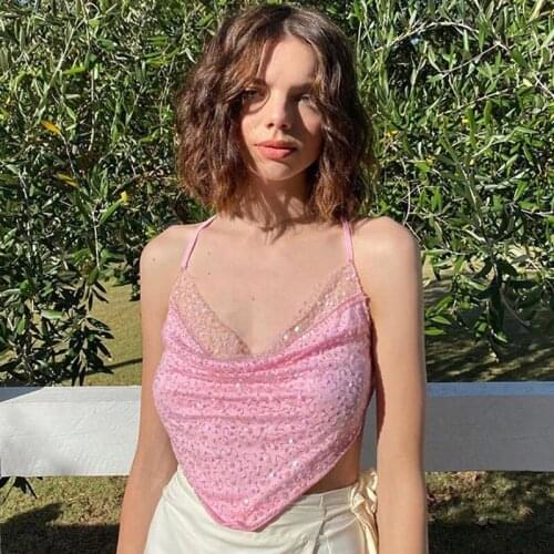 Women Sexy Solid Color Sling Tops Pleated Low Neck Irregular Sequins Decorations Short Vest Tops For Summer Fashion S M L