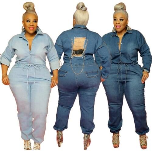 Newest Women Plus Size Denim Jumpsuits Streetwear Turn-down Collar Single Breasted Backless Hollow Out Chain Plus Size Rompers