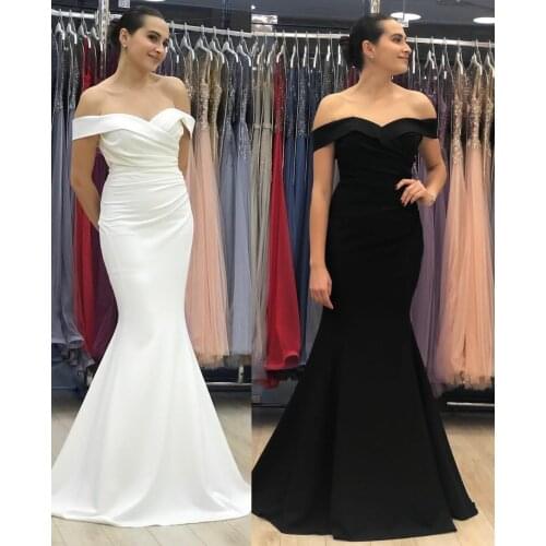 Elegant Long Off Shoulder Satin Prom Dresses Mernaid Sleeveless White Robe De Soiree Sweep Train Formal Party Gown