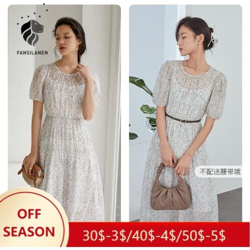 FANSILANEN Office Ladies Floral Chiffon Long Dress Women Summer 2021 New Gentle Wind Round Neck A-line High Waist Skirt