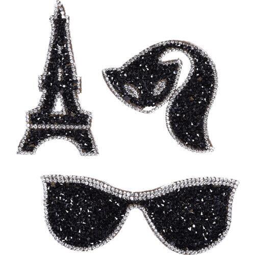 1Pcs Fun Rhinestones Sunglasses Fox Tower Embroidered Patch Iron on Sewing Crystal Applique For Jeans Clothing Decorations