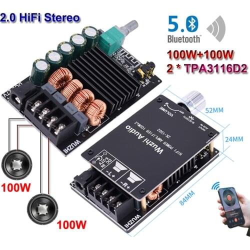 2*100W TPA3116D2 Audio Power Amplifier Bluetooth 5.0 Stereo Subwoofer HiFi Class D Digital TPA3116 Home Theater AUX Music AMP