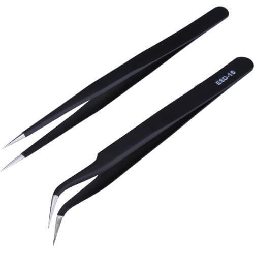 2PCS ESD-14 ESD-15 Anti-static Curved Straight Tip Forceps Precision Soldering Tweezers Set Electronic ESD Tweezers Tool