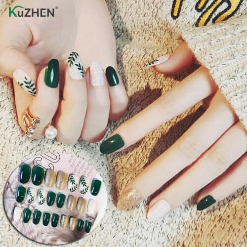 24pcs Round Head Full Nail Tips Tool Artificial Fake Nail Art Summer Green Leaf Pattern False Nails