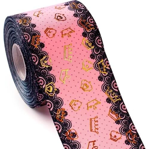 3" 75mm 10yard gold foil Crown printed grosgrain ribbon Thermal transfer Printe
