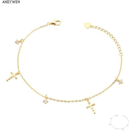 ANDYWEN New 925 Sterling Silver Gold Cross Pendant Bracelet Chain Bangle Crystal Luxury Jewelry Fine Jewelry Gift Jewels