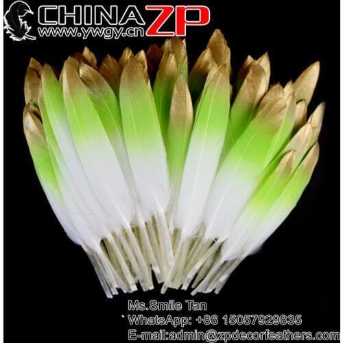 CHINAZP Feathers 100pcs/lot Bright Lime Green withe Ombre Metallic Gold Tip Feathers Painted Duck Feather Wholesale Bulk Sale