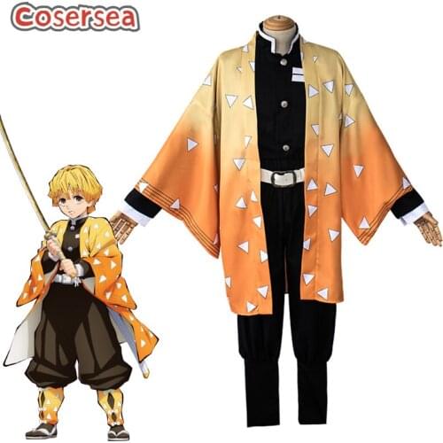 Cosersea Anime Demon Slayer Zenitsu Agatsuma Male Uniform Cosplay Costume Kimetsu no Yaiba Men Kimono Halloween