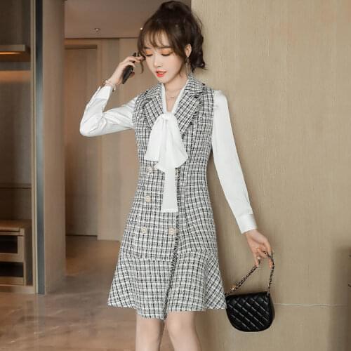 Elegant Plaid Formal Women Business Suits with Dress and Blouses for Ladies Office OL Styles Beauty Salon Work Wear Clothing Set