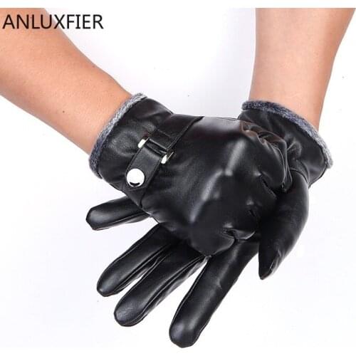 H10074 Men Outdoor Winter Warm Gloves Touch Screen Black Leather Mittens Windproof Waterproof Velvet Thick Driving Hand Muff