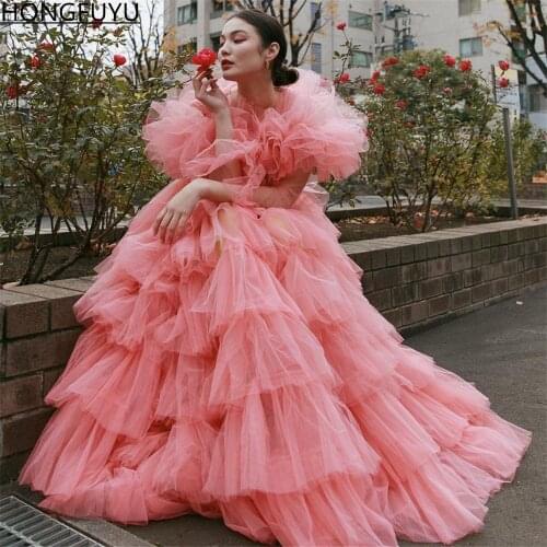 HONGFUYU Tiered Tulle Evening Dresses robe de soirée de mariage Long Sleeves A-Line Party Dress Floor Length Formal Prom Gowns