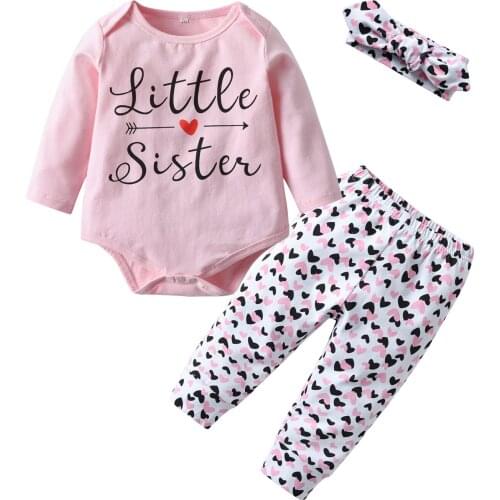 Baby Girl Clothes Set Little Sister Letter Print Soft Cotton Bodysuit For Newborns+Legging Pants+Headband Toddler 3Pcs Baby Set