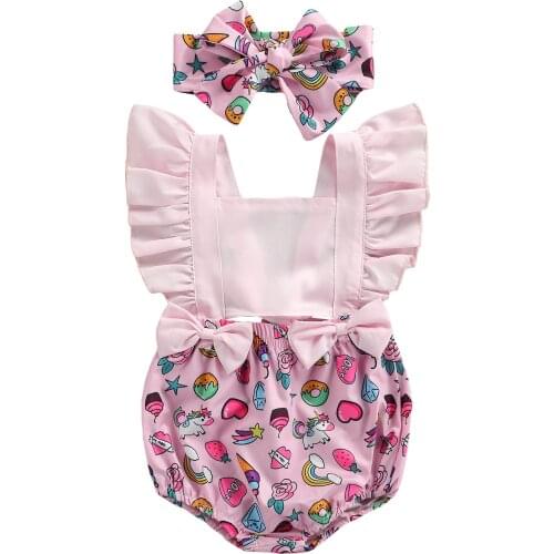 FOCUSNORM 0-18M Lovely Baby Girls Rompers Ruffles Shorts Rainbow Printed Bow Backless Jumpsuits Headband