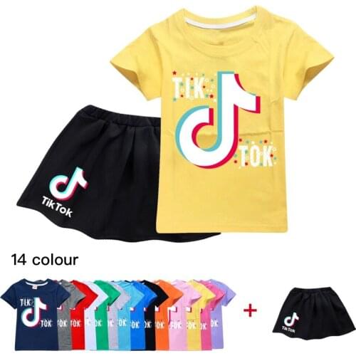 TIK TOK Fashion Girl Dress Childrens Clothing Baby Girl Clothing Summer Cotton T-Shirt + Skirt Set