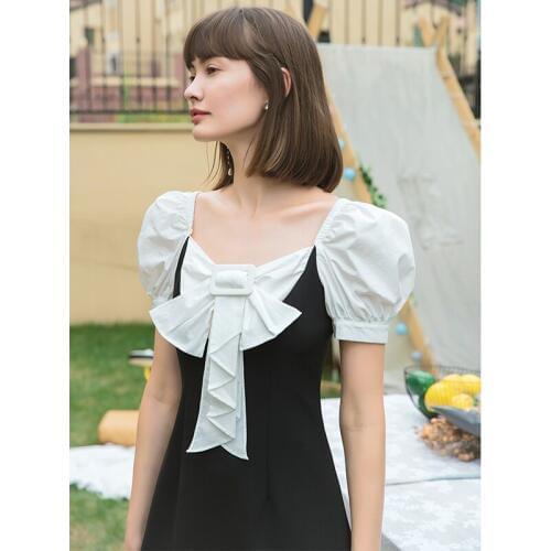 YIGELILA Fashion Women Black Backless Dress Elegant Square Collar Lantern Sleeve Short Dress Patchwork Empire Slim Dress 65828