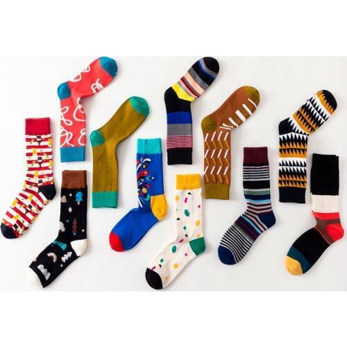 Men Sock Cartoon Rooster Feather Geometric Stripe Funny Happy Male Hip Hop Skate Harajuku Korea Street Cotton fashion Dress Sock