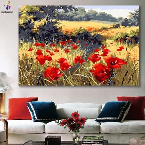 DIY colorings pictures by numbers with colors Red poppy flower field picture drawing painting by numbers framed Home