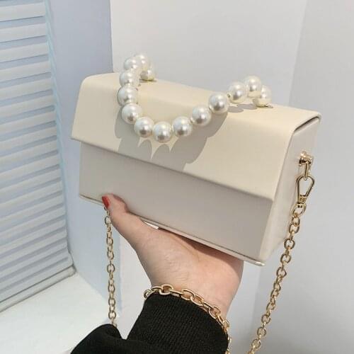 Solid Color Womens Box Bag Pearl Handbags 2021 New High Quality PU Leather Female Tote Bag Chain Shoulder Messenger Bag