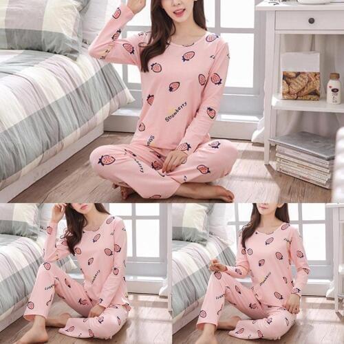 Casual Women O Neck Strawberry Heart Print Top Long Pant Thin Sleepwear Set Suitable for home wear lounge wear perfect gifts