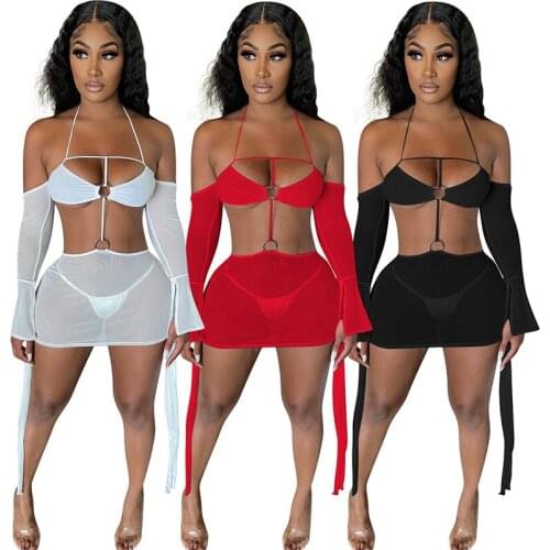 Sheer Mesh See Through Women Dress Summer Off The Shoulder Halter Neck Long Flare Sleeve Skinny Dress Party Wear (No underpants)