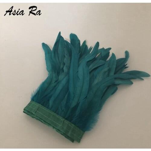 Ra Trading 10meters Peacock Blue Rooster chicken feather trims 30-35cm 12-14inch coque feather trimming sewing on satin ribbons