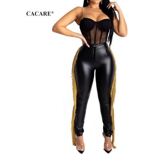 CACARE Stretchy Pencil Pants Sale Women Skinny Trousers Imitation Leather Streetwear Party 2 Choices F0008 with Tassels