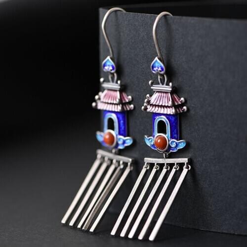 Real 925 Sterling Silver Tassel Pendant Earrings for Women Chinese Style Enameling House Shaped Vintage Drop Earring Jewelry