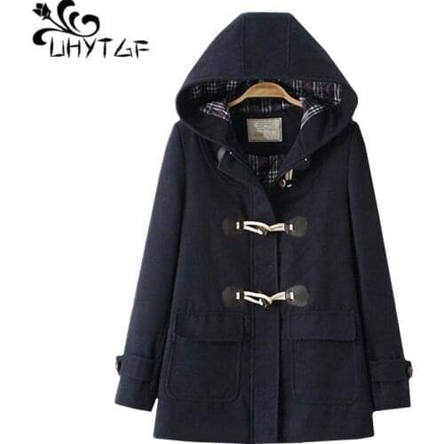 UHYTGF Luxury Imitation Wool Hooded Warm Winter Jacket Female Fashion Horn Buckle Woolen Coats Sweet Ladies Plus Size Outerwear