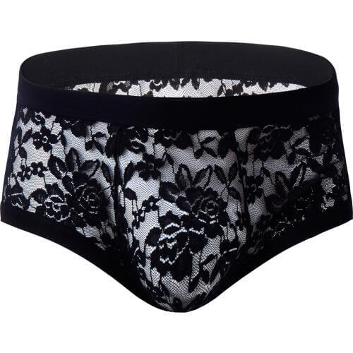 Sexy Gay Underwear Men Boxer Shorts Transparent Lace Panties Man Breathable Floral Print U Convex Pouch Underpants Cueca M-XXL