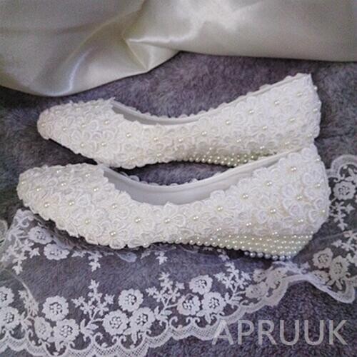 Full lace pearls bridal ivory wedding shoes bride 3CM low wedges heel woman bridesmaid flower girls party proms dress shoe