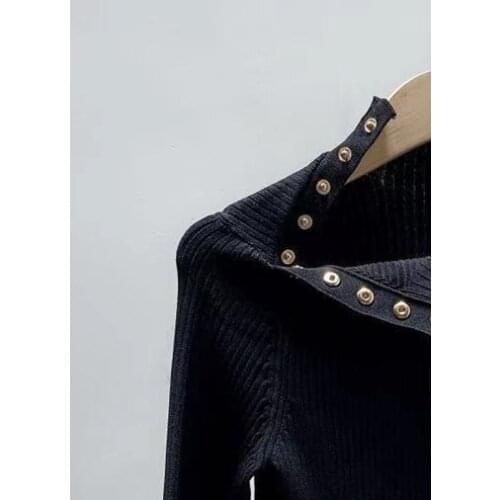 2021 Spring Autumn Women Sweater with Metal Buttons Long Sleeve Slim Waist Half High Collar Knitted Pullover Top Female Knitwear