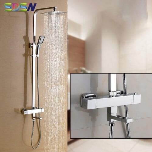 SDSN Thermostatic Bathroom Faucets Polished Chrome Bath Shower Set Square Thermostatic Shower System Rainfall Bath Shower Head