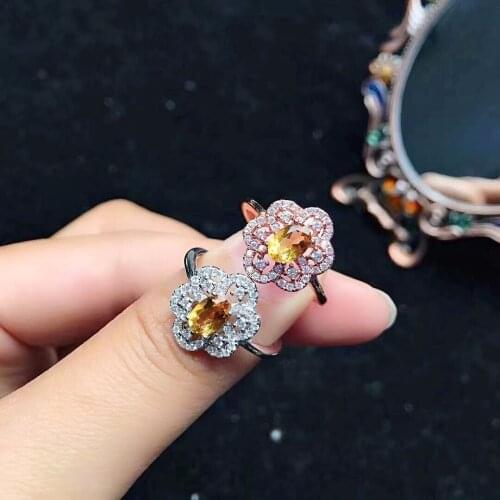Solid 925 Silver Flower Ring for Party 4mm*6mm VVS Grade Natural Citrine Ring Sterling Silver Citrine Jewelry Fashion Crystal