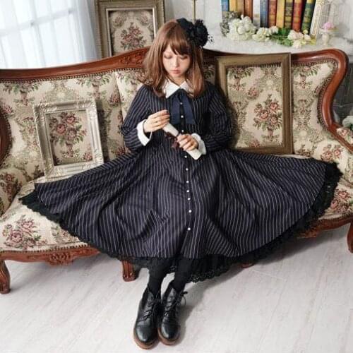 Spring New Womens Japanese Lolita Striped Doll Collar Mid-length French Waist Slimming Dress