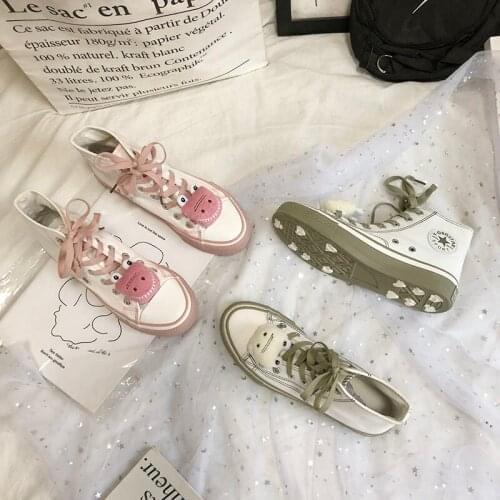 Cartoon puppet high top sneakers brand board shoes women breathable cute pink/green lace-up creepers student flats white shoes