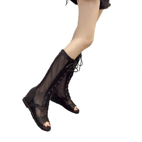 Woman Boots Shoes Summer Open Toe Long Boots Leisure 5cm Wedge Heel Boots Black Mesh High Knee Boots Shoes Female