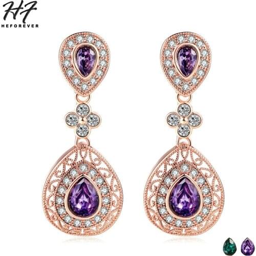 Vintage Refinement Hollow out Purple Teardrop Crystal Rose Gold Color Drop Earring For Women Wedding Party Jewelry E453 E450