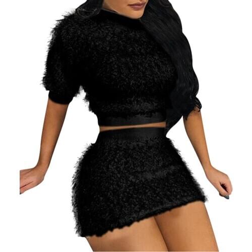 Woman suit dress Autumn Winter Womens Plush Bag Hip Sexy Two-piece Short Skirt Suit F sweet solid suit dresses for women