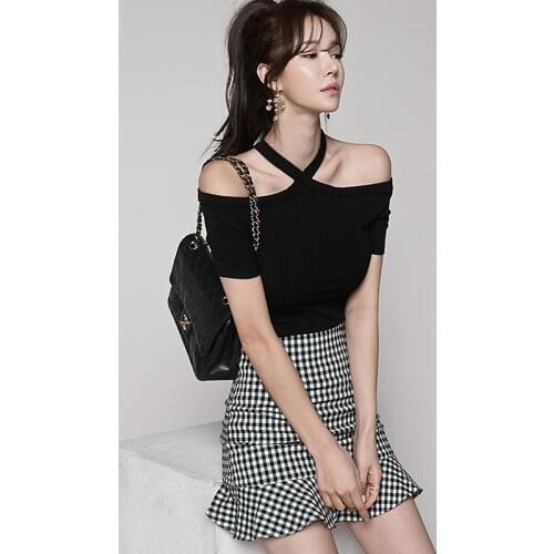 Halter Neck Sexy Short Sleeve Slim Bodycon Dress High Waist Plaid Ruffles 2pcs Women Fashion Dress Vestidos Mujer Robe Femme