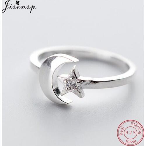 Jisensp 100% 925 Sterling Silver Star Moon CZ Finger Rings for Women Wedding Engagement Ring Jewelry plata de ley 925