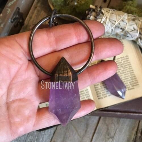 NM35279 Large Crystal Amethyst Wand Necklace Gypsy Jewelry Purple Necklace Electroformed Gypsy Jewery Goth Necklace Gift
