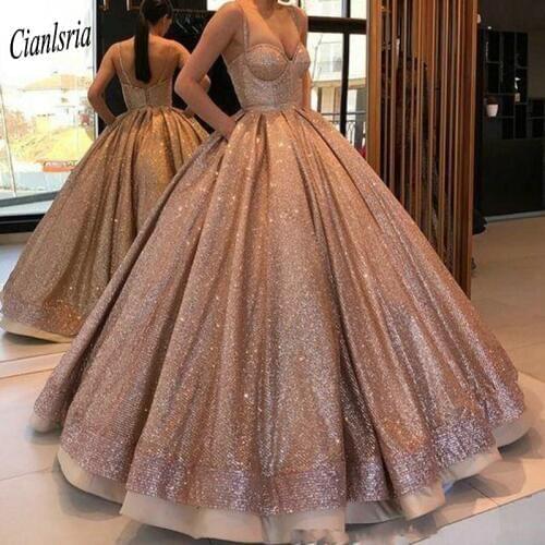 Gold Sparkly Tulle Spaghetti Straps Ball Gown Quinceanera Dresses Sweetheart Sleeveless Simple Sweet 16 Prom Party Dresses