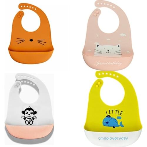2021 Cute Baby Bibs Waterproof Silicone Bib Infant Toddler Feeding Saliva Towel Cartoon Adjustable Children Apron with Pocket